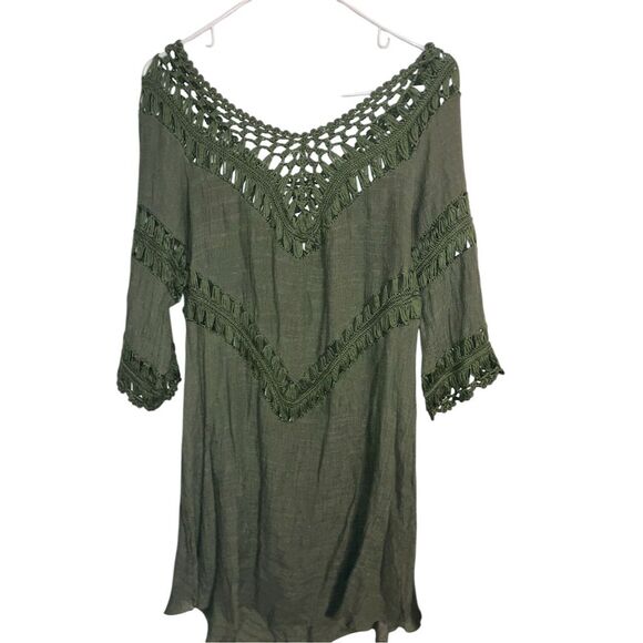 Women's M Green Crochet Beach Cover-Up Blouse V-Neck 3/4 Sleeve Standard - Picture 2 of 2